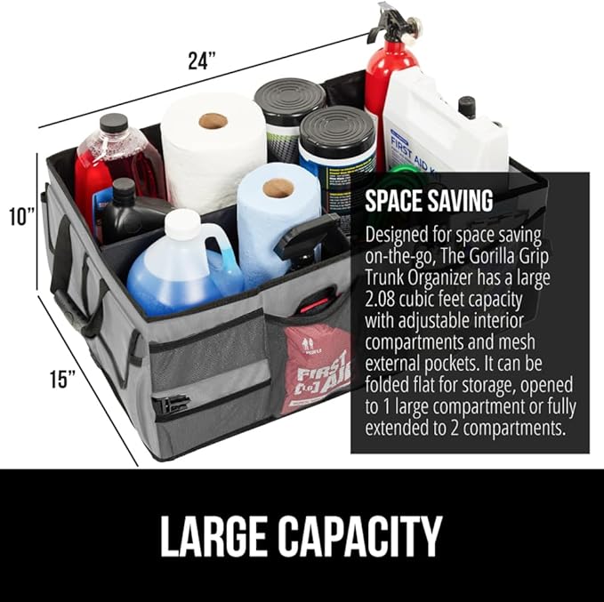 GORILLA GRIP Large Capacity Sturdy Trunk Storage Organizer, Slip and Water Resistant Collapsible Organization Container for Car Sedan or SUV, Multi Compartment Box Vehicle Accessories, Gray