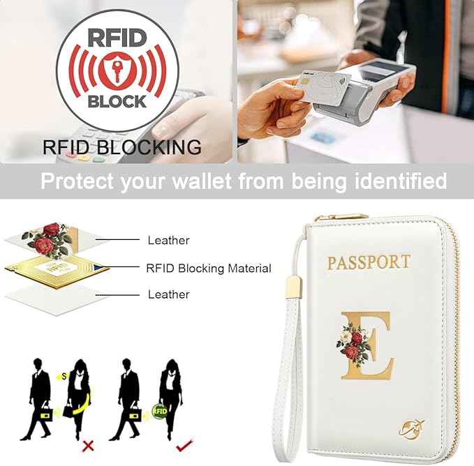 Passport Holder for Travel Personalized Passport Holder Initial Letter Rose Flower RFID Blocking Travel Wallets Credit Cards Holder for Women Men, White E