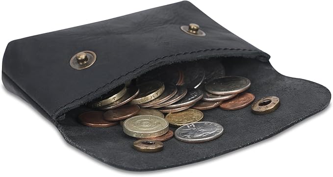 Leather Double Coin Pouch Premium Cash & Card Holder Compact Cable Organizer Travel Makeup Bag, Handmade Artisan Craft Vintage Leather Accessories Multipurpose Wallet & Organizer (Black)