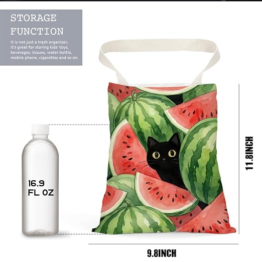 Black Cat Car Trash Bag, Watermelon Car Trash Bag Hanging, Watermelon Accessories, Summer Decor Waterproof Cars Back Seat Hanging Organizer Garbage Can for Vehicle Travelling Camping