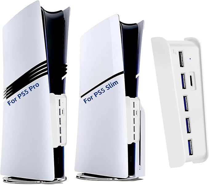 6 Ports USB Hub for PS5 Pro/Slim Console, High-Speed Expander Hub Charger Port with 4 USB-A 2.0 + 1 USB Charging Port + 1 Type C Port, Compatible with PlayStation 5 Pro/Slim Front Jacks, White