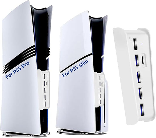 6 Ports USB Hub for PS5 Pro/Slim Console, High-Speed Expander Hub Charger Port with 4 USB-A 2.0 + 1 USB Charging Port + 1 Type C Port, Compatible with PlayStation 5 Pro/Slim Front Jacks, White