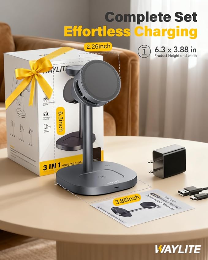 25W Fast Wireless Charger Stand for Apple MagSafe Charger, 3 in 1 Charging Station with TEC Cooling, Magnetic Wireless Charger for iPhone17/16/15/14/13/12, Apple Watch, AirPods, Gifts for Men