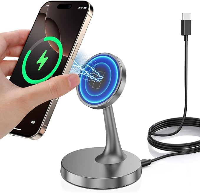 Magnetic Wireless Charger iPhone Stand, 15W Fast Mag-Safe Charger iPhone 17/17 Air/17 Pro/17 Pro Max 16/15/14/13/12 Series Magnet Wireless Charging Station/Pad/AirPods for Home, Office, Travel