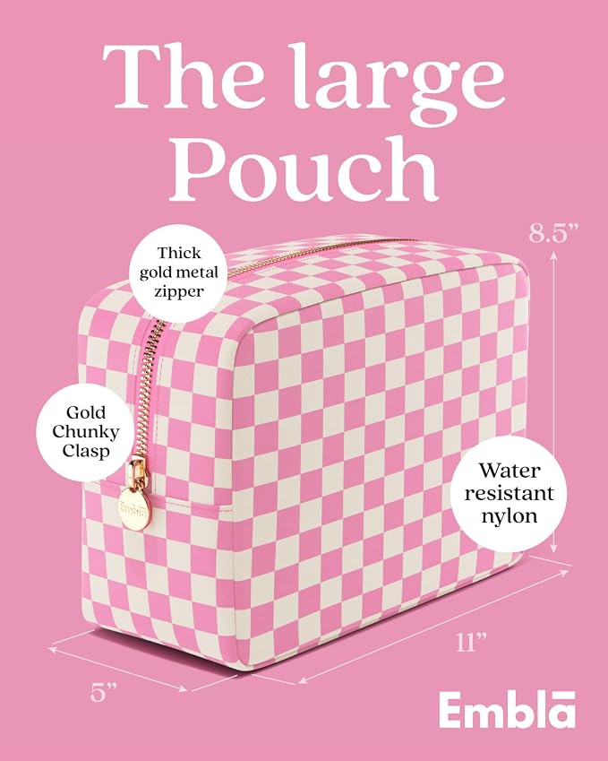 Embla Makeup Bag Travel Cosmetics Pouch and Toiletry Bag, Nylon Zipper Pouch Purse, Cute Make Up Organizer Storage Tote for Women Girls,Travel Skincare Case, Large Makeup Case, Flamingo Checkered