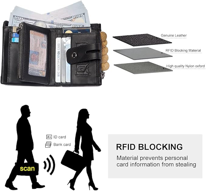 Mens Wallet with Chain Genuine Leather Purse RFID Blocking Bifold Double Zipper Coin Pocket with Anti-Theft Chain