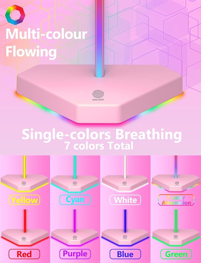 RGB Headphones Stand with 1 USB-C Data Transmission& 3 Type-C Charging Port, Desk Gaming Headset Holder with 7 Light Modes and Non-Slip Rubber Base (Pink)