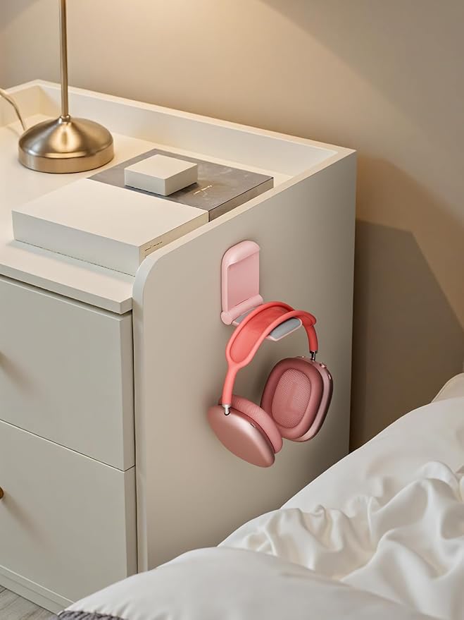 MAMUVIMO Headphone Stand, 2 Pack Headset Stand Foldable＆Sticky, Headphone Holder Hook Mount with Non-Slip Silicone, Adhesive Earphone Desk Hanger Clip Space-Saving for Airpods Max, All Earphones-Pink