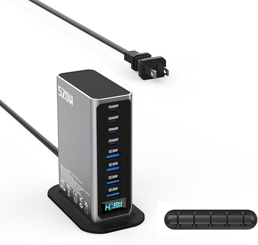 520W USB C Charger Station, 8-Port (4C+4A) GaN Fast Charger Block, 100W PD PPS for MacBook/iPad/iPhone, with PFC & Anti-Slip Base, Ventilation Design, Include 1.5M 100W Cable & Cable Organizer