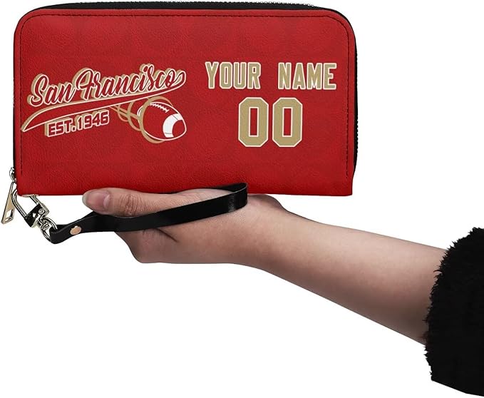 Custom Sports Team Zip Organizer Wallet-Personalized PU Leather Wallet with Name Number,Multi-Card Slots,Wrist Strap,Fan Gift for Men Women.