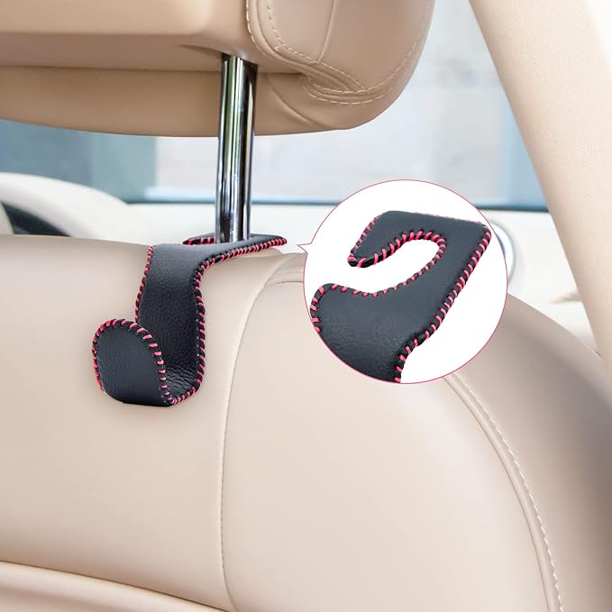 Purse Hook for Car Headrest, Leather Back Seat Organizer Hanger Holder Hook for Hanging Purses and Bags and Coats, 2Pack Black&Red