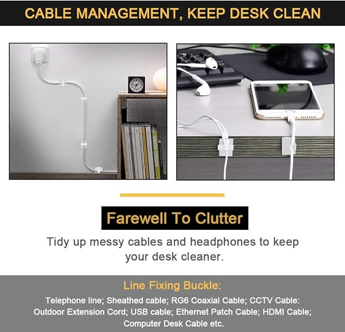 Cable Clips Self with 3M Adhesive Cord Organizer, Wire Holder Clamp Management Sticky for Desk Car Dash Cam Tables Wall, White 30pcs