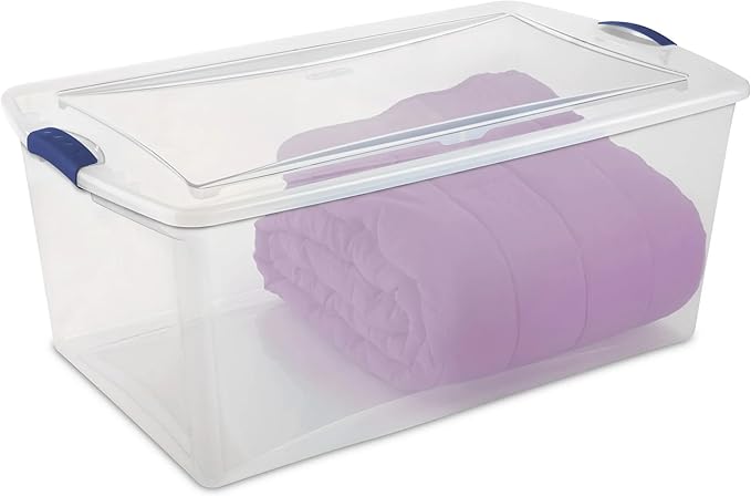 Blue 105 Quart Latch Box, Clear Plastic Storage Bin with Clear Lid