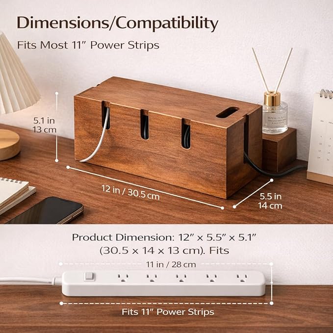 Cable Management Box for Desk & TV, Wooden Cord Hider Box for Power Strips, Chargers & Cords, Decorative Cable Organizer with 20 Reusable Cable Ties, Brown
