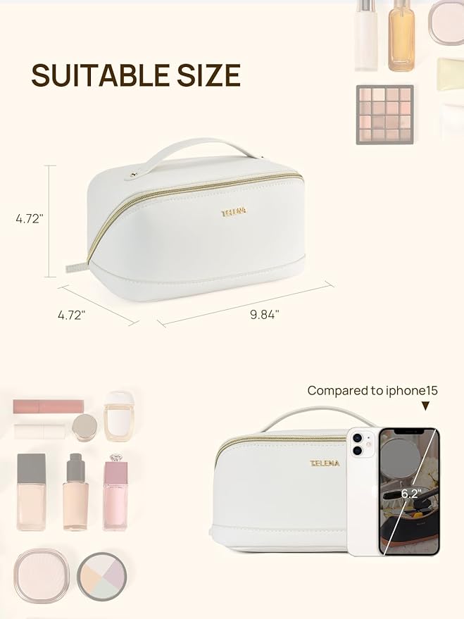Telena Leather Make Up Bag Portable Travel Makeup Bag Waterproof Cosmetic Bags for Women Large Capacity With Handle and Divider Open Lay Flat