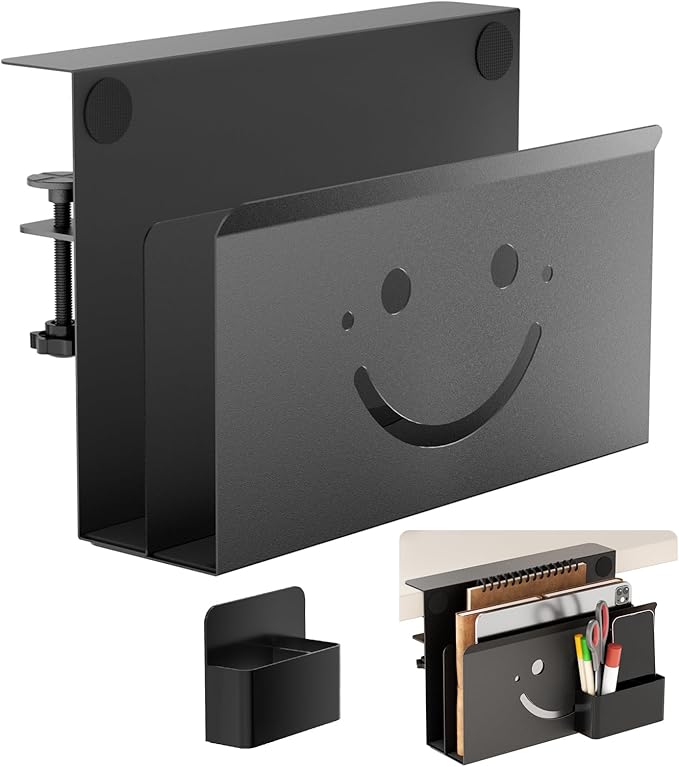 Onemake 2 Tier Desk Side Storage, Funny Smile Clamp on Desk Shelf with Magnetic Pen Holder, Hanging Desk Organizer for Home Office, Fits Flat Edge Tables 0.4" to 2.3"