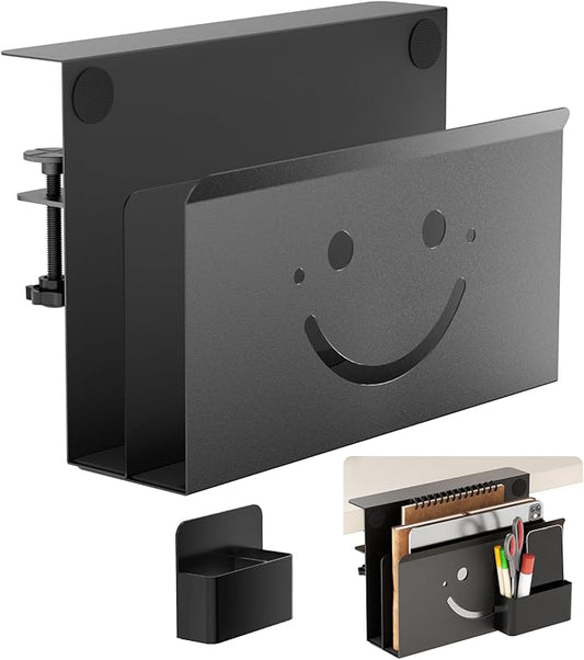 Onemake 2 Tier Desk Side Storage, Funny Smile Clamp on Desk Shelf with Magnetic Pen Holder, Hanging Desk Organizer for Home Office, Fits Flat Edge Tables 0.4" to 2.3"