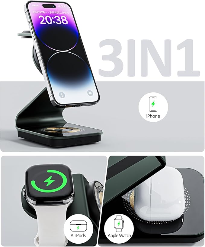 Wireless Cell Phone Charger Station 3 in 1, Magnetic Wireless Fast Phone Charger Dock Stand for iPhone 16/15/14/13/12/Apple Watch/AirPods Pro, 15W USB-C iPhone Wireless Charger, Black