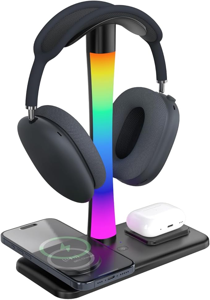 Headphone Stand with Wireless Charger,Gaming Headset stand with RGB Light Mode,For Airpod Max Stand Compatible with Airpod Pro/3/2,For iPhone 17/16/15/14/13/12/11,Gifts for Gamers & Music Lover(Black)