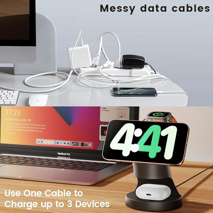 3 in 1 Wireless Charging Station for Apple Devices,Magsafe Charger for IPhone17 16 15 14 13 12 Pro/Max/Plus/Mini Wireless Charger Station for AirPods 2/3/4/Pro iWatch Ultra11/10/9/8/7/SE/6/5/4/3/2