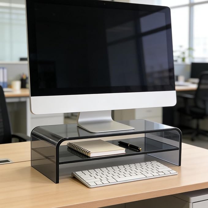 Clear Acrylic 2-Tier Monitor Stand & Desk Organizer - 16"x9.4"x5.5 H Home Office Riser with Keyboard Storage, Fits PC, Laptop, iMac, Printer, TV & Multi-Media Devices (Transparent grey)