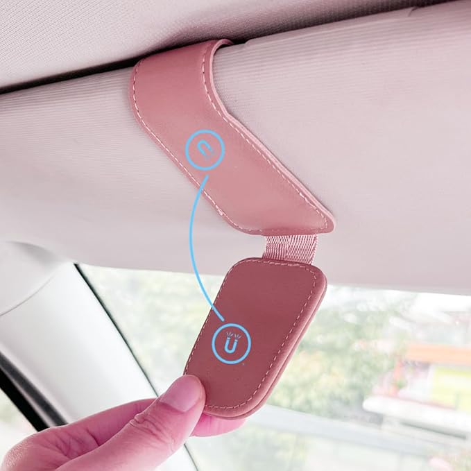 Sunglass Holder for Car, Magnetic Leather Eyeglass Hanger Clip for Car Sun Visor, Sunglasses Holder and Ticket Card Clip for Car Visor Accessories (1Pack Pink)