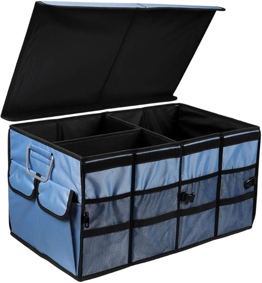 Car Trunk Organizer Collapsible Portable Multi Compartments Organizer with Non Slip Straps for SUV Truck Auto Vehicle Car Auto Minivan (Large covered, Blue)