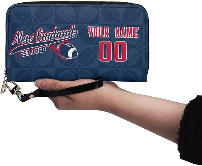 Custom Sports Team Zip Organizer Wallet-Personalized PU Leather Wallet with Name Number,Multi-Card Slots,Wrist Strap,Fan Gift for Men Women.