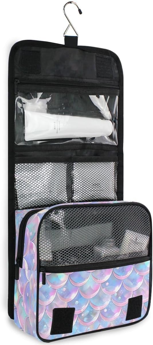 senya Hanging Travel Toiletry Bag Cute Kit Makeup Case Cosmetics Organizer for Men Women (Pale Pink Purple Blue Mermaid Scales)
