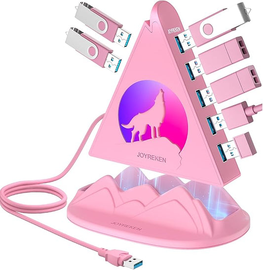 7 Port USB 3.0 Hub,Pink USB Hub with Wolf Shaped RGB Night Light, 2ft Long Cable and Pink Base,for Laptop, PC, Flash Drive, HDD, Console, Printer, Keyborad, Mouse and More(Charging Not Supported)
