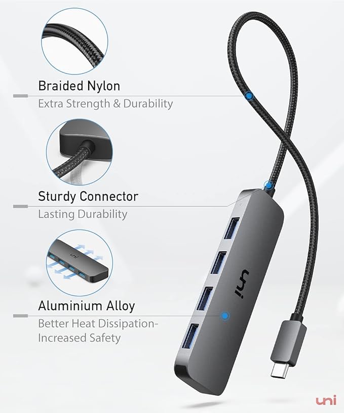 uni USB C to USB Hub 4 Ports 2ft, Sturdy Braided USB Type C to USB Adapter with 4 USB 3.0 Ports, Thunderbolt 3 to Multiport USB 3.0 Hub Adapter for MacBook Pro/Air 2020/2019, iPad Pro
