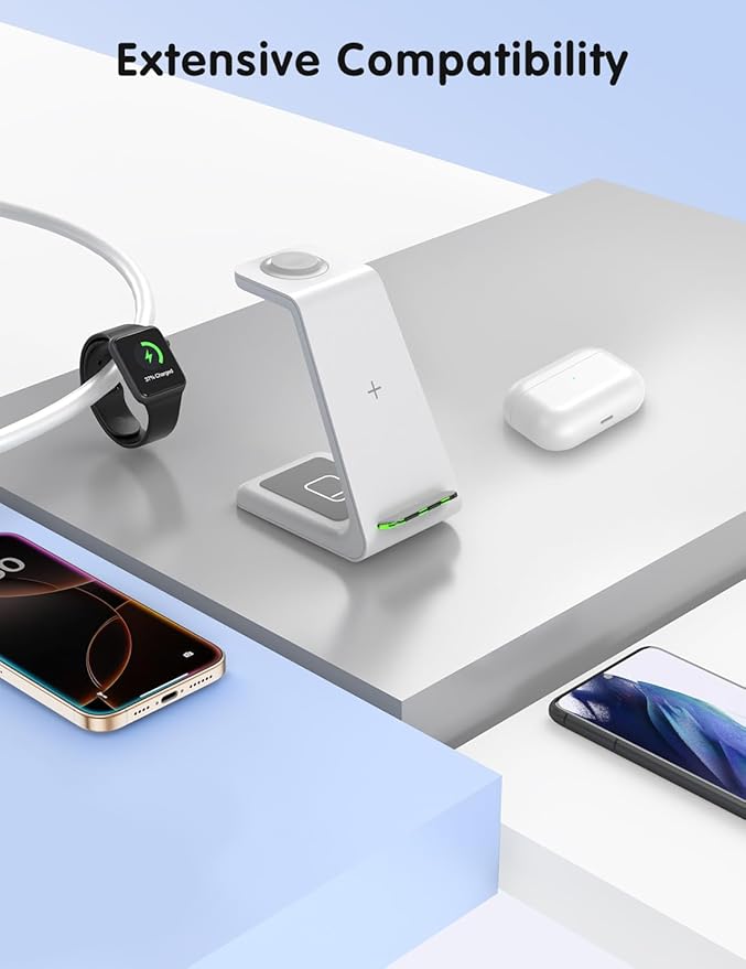 Charging Station for iPhone and Apple Watch: 3 in 1 Wireless Phone Charger Stand for iPhone 17 16 15 14 13 12 11 Pro Max & AirPods, Bedside Nightstand Docking