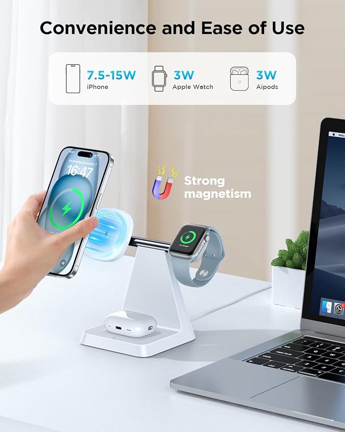 Magnetic Wireless Charger for iPhone - 3-in-1 Fast Charging Station Compatible with MagSafe Charger iPhone 16-12 Series Apple Watch AirPods for Nightstand Desktop Bedside (White)
