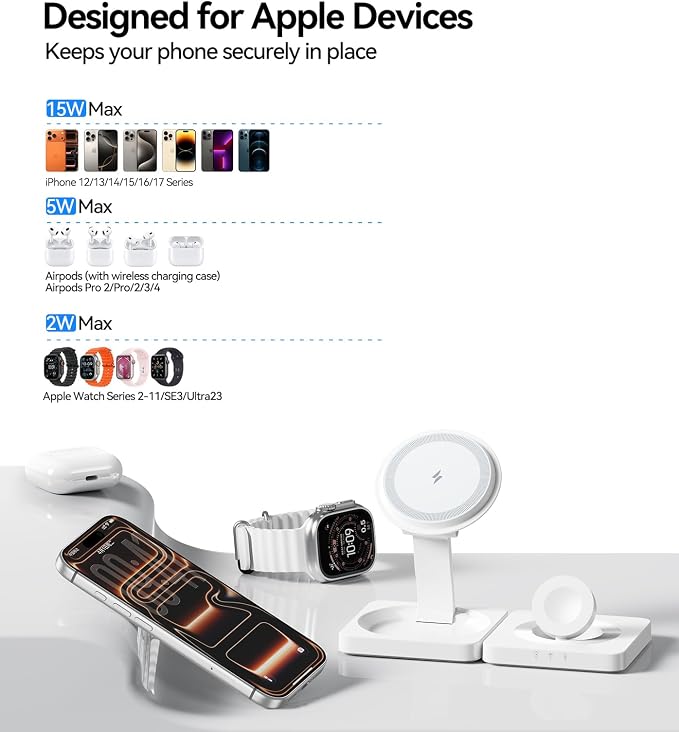Wireless Charger for iPhone, 3-in-1 Magnetic Charging Station for Apple Device, MagSafe Charger Stand for iPhone 17 16 15 14 13 12 Series, Apple Watch Ultra, Airpods Pro, Foldable, White