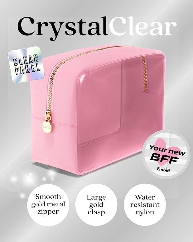 Embla 3 Piece Clear Makeup Bag Set for Toiletries Large Medium Small Skincare Organizer Zipper Pouches Travel Toiletry Bathroom Bags Women Girls Cute Make Up Cosmetic Nylon Pouch Light Pink