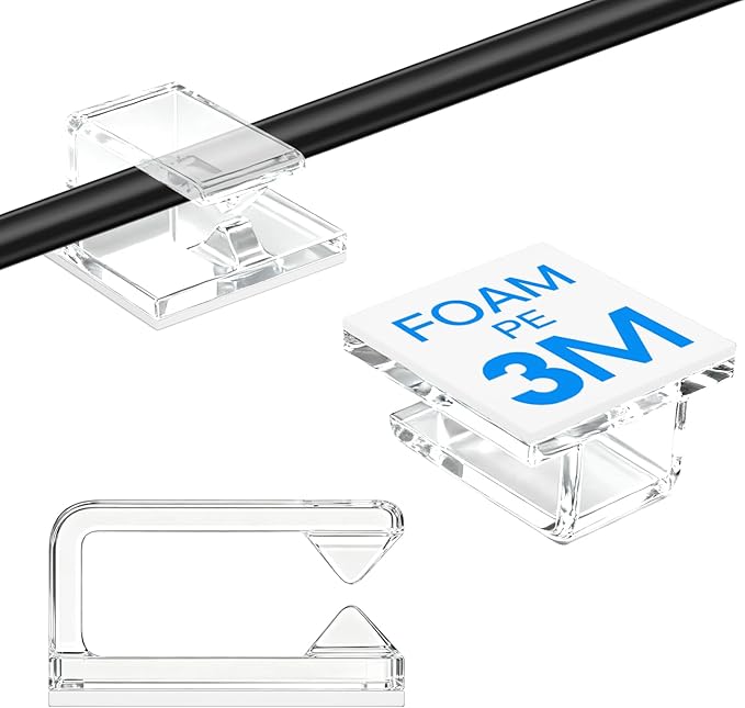 60Pcs Cable Clips, Small, Clear, Adhesive Wire Clips, Cable Management Wire Organizer Cord Holder for Under Desk, Car, Wall, TV PC Ethernet Cable