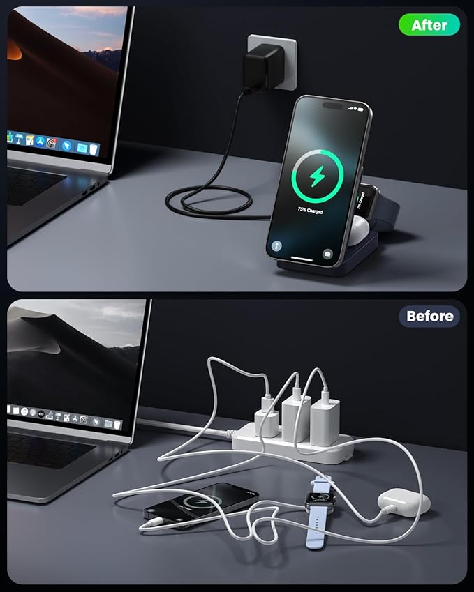 3 in 1 Wireless Charger Charging Station for iPhone,Travel Foldable Magnetic 15W Fast Wireless Charger Stand for Mag-Safe with 30W USB C Adapter for iPhone 17/16/15/14/13/12,Apple Watch,AirPods