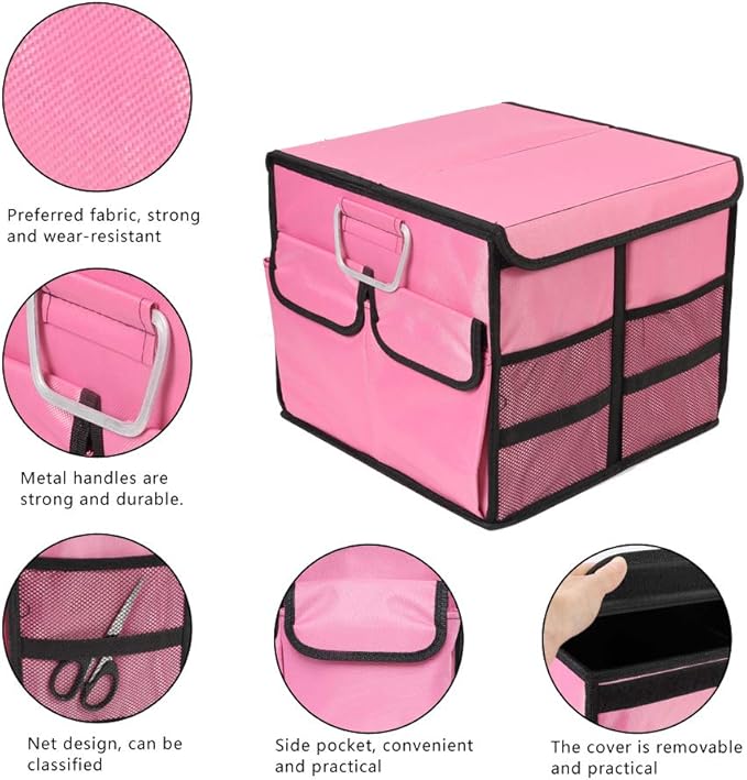 Car Trunk Organizer Collapsible Portable Multi Compartments Organizer with Non Slip Straps for SUV Truck Auto Vehicle Car Auto Minivan (Small covered, Pink)