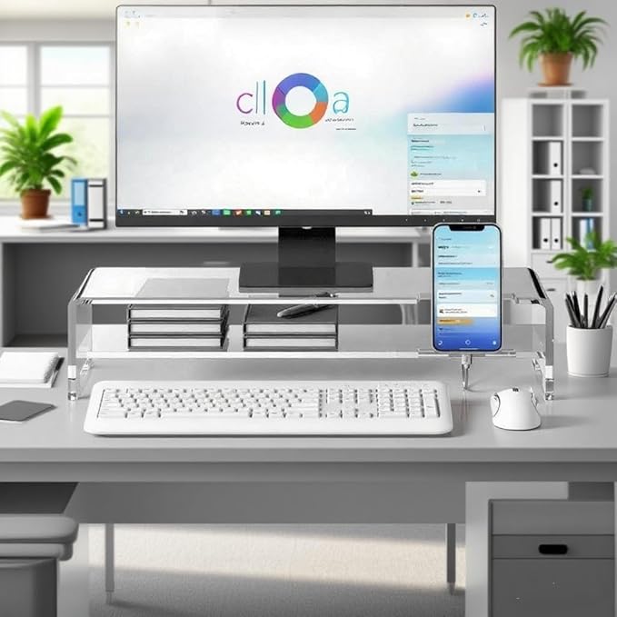 Larger Acrylic Monitor Stand - 20 inch 2 Tier Riser for iMac, PC, Desktop, Laptop, TV with Storage Shelf, Home Office Desk Organizer (20in with phone holder)