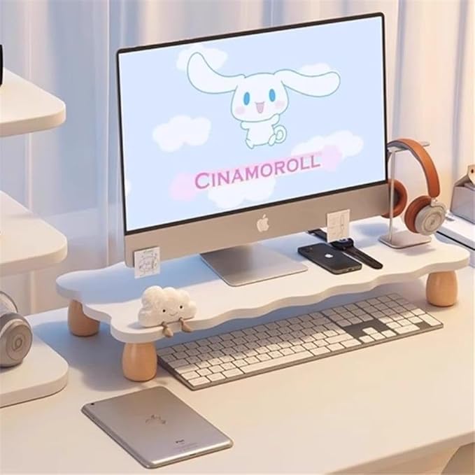 Monitor Stand Riser, Cloud-Shaped Sturdy Wood Computer Monitor Riser, Laptop Monitor Stand, Multi-Purpose Desktop Organizer Riser for Computer, Laptop, Printer, TV (White)