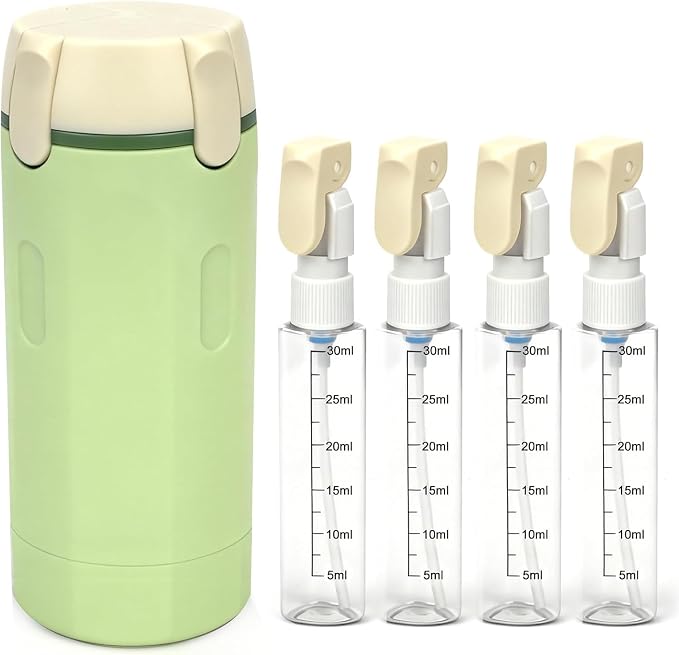 4-in-1 30ML Travel Size Dispenser Toiletries Bottles, Leak-Proof Refillable Containers Dispensers Labels Portable Toiletry Organizer Cup for Shampoo, Lotion, Soap Travel Essentials Green