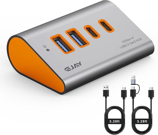 EJAY USB3.2 GEN2 HUB 10Gbps 4-Port USB C/A Splitter for Laptop,PC,Mac | Extra Power Supply Port,Desktop Ergonomic 23° Angle Design,Dual Cable,Multiple Ports,External SSD, Flash Drive