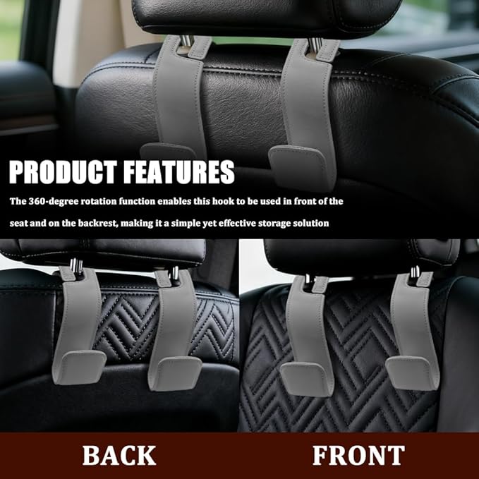 2PCS Car Seat Headrest Hooks, Purse Hook for Car, Automotive Headrest Handbags Holder, Auto Accessories Leather Seatback Organizer Hanger for Hanging Purses Bags Coats (Gray, 2PCS)