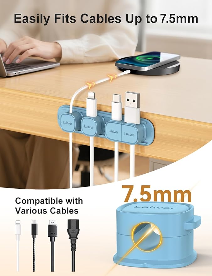 6 Pack Magnetic Cable Clips [1s Open/Lock], Laitver Cord Organizer Holder Strong Adhesive Desk Cable Management- Organize Charging Cords Neatly for Home, Office, Car,Desk, Nightstand-Peak Blue