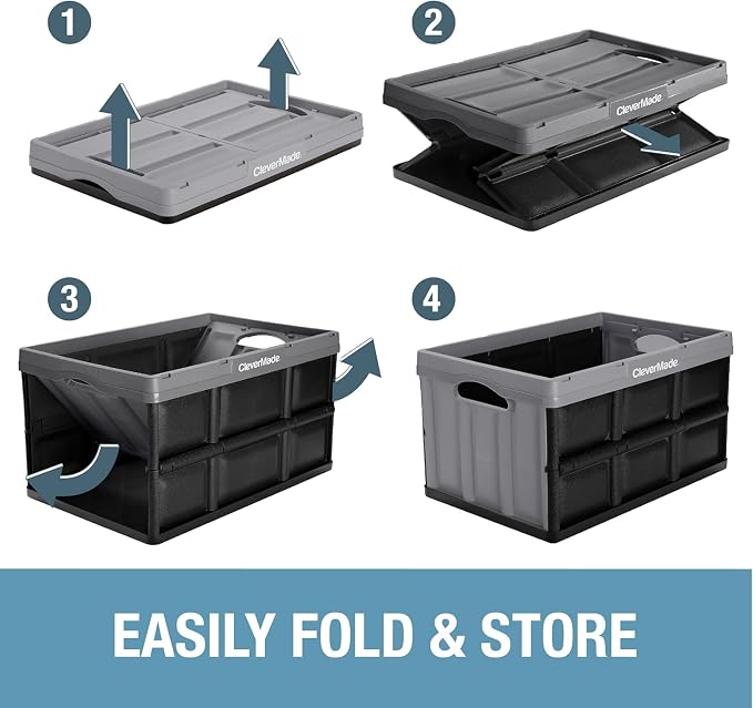 CleverMade Collapsible Storage Bins 32L 3 Pack – Heavy Duty Foldable Storage Bins with Built-In Handles for Garage Storage and Home Organization - Obsidian