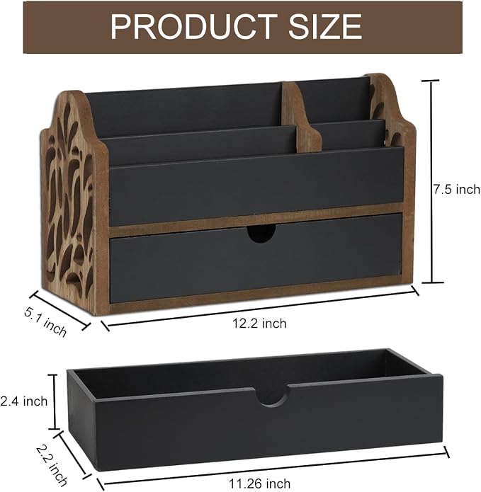 Desk Organizer with Drawer Wood File Office Mail Organizer Countertop-5 Slot Tabletop Storage Pen Organizer Letter Holder for School Home Office Supplies