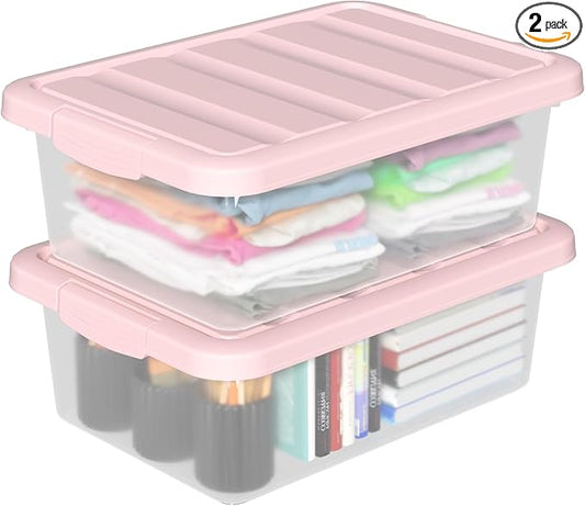 14-Quart Storage Container Bin with Pink Secure Lid and Latch Buckles, Durable Plastic Stackable Nestable Organizin, 2-Pack