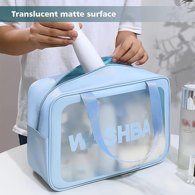 Travel Toiletry Bag for Women and Men, Matte Translucent Shower Bag with Handy Handle, Makeup Cosmetic Organizer Bag for Travel Toiletries Accessories (Blue)