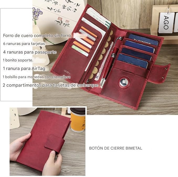 CONTACTS Full Grain Leather RFID Blocking Family Passport Holder for 4 Passport Wallet Compatible with Airtag Travel Passport Cover with 4 Passport Slot, 6 Card Slot (Red)