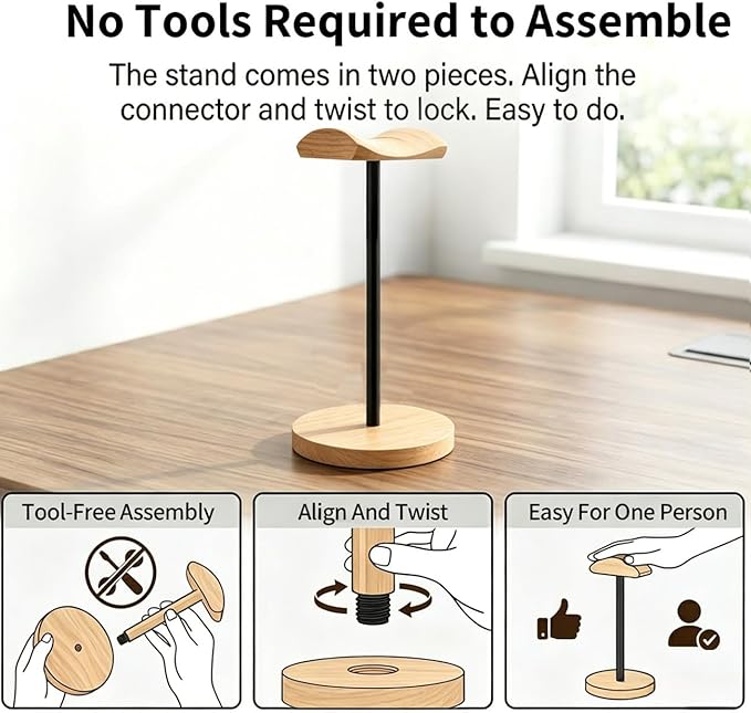 Headphone Stand Nature Wood & Metal Headset Hanger Mount Hook Gaming Holder Desktop Earphone Artful Functional Craftmanship Stand for All Headsets with Solid Wooden Base